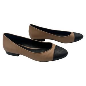 Michael Kors MK Dylyn Logo Cap Toe Leather Ballet Flats Shoes Beige Black 7M